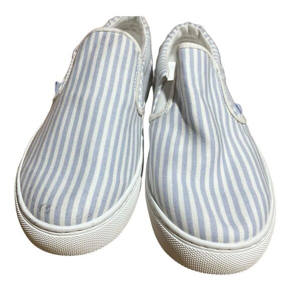 J Crew Sneakers WMNS 9 Blue Striped Canvas Road Trip Slip On White AW600 Boat - Picture 2 of 8